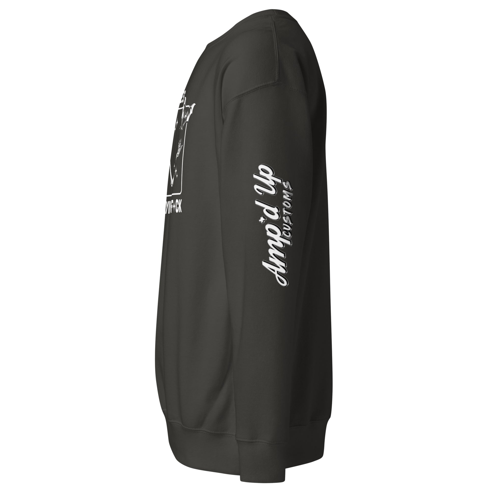 Black sweatshirt side view with Amp'd Up Customs logo and There It Goes My Last Flying F*ck Sweatshirt design