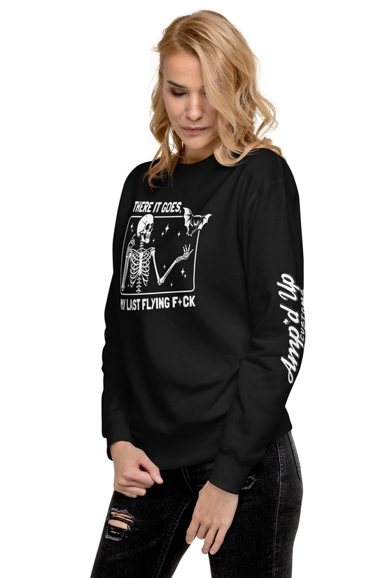 Amp'd Up Custom black sweatshirt with There It Goes My Last Flying F*ck Sweatshirt skeleton and butterfly graphic