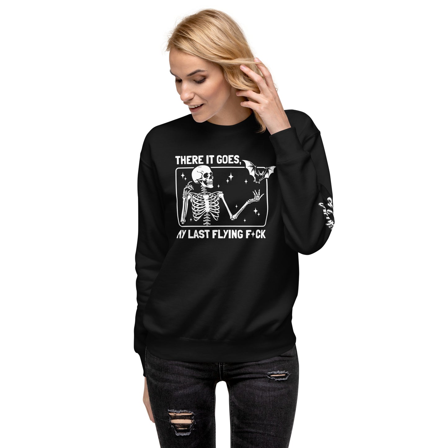 Black sweatshirt with skeleton and bat graphic featuring There It Goes My Last Flying Fck Sweatshirt design