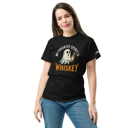 Model wearing black graphic T shirt with cartoon ghost holding a whiskey glass and text My Favorite Spirit Is Whiskey T-Shirt