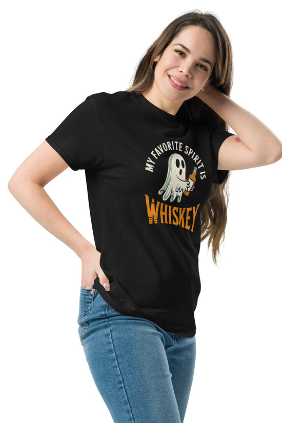 My Favorite Spirit Is Whiskey T-Shirt on woman model black short sleeve tee with ghost graphic