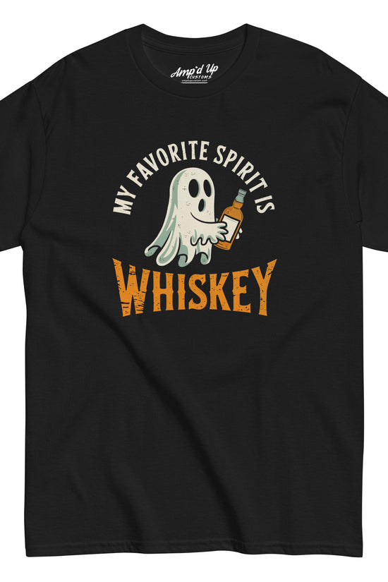 My Favorite Spirit Is Whiskey T-Shirt black tee with cartoon ghost holding whiskey bottle humorous Halloween shirt