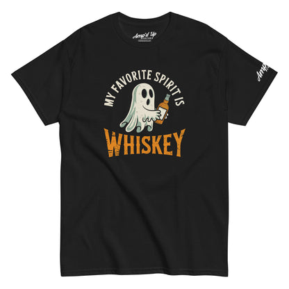 My Favorite Spirit Is Whiskey T-Shirt black tee with cartoon ghost holding whiskey bottle humorous Halloween shirt
