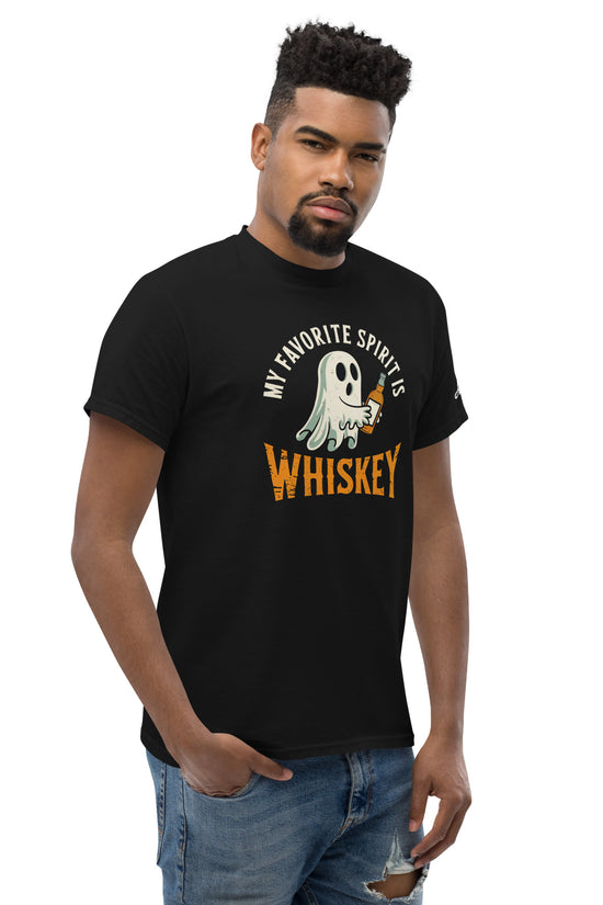 My Favorite Spirit Is Whiskey T-Shirt black tee with ghost graphic worn by male model casual fit