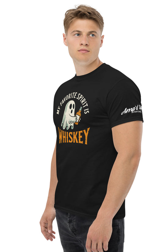 Male model wearing black My Favorite Spirit Is Whiskey T-Shirt with ghost holding whiskey glass