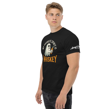 Male model wearing black My Favorite Spirit Is Whiskey T-Shirt with ghost holding whiskey glass