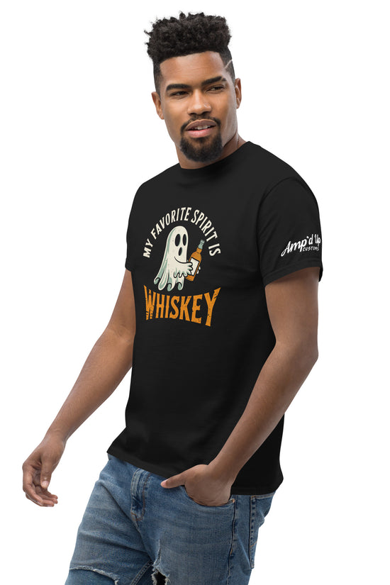 My Favorite Spirit Is Whiskey T-Shirt black crewneck with ghost graphic and bold whiskey text worn by male model