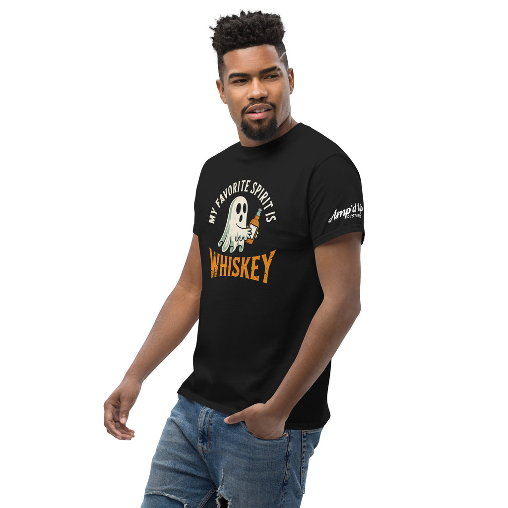 My Favorite Spirit Is Whiskey T-Shirt black crewneck with ghost graphic and bold whiskey text worn by male model