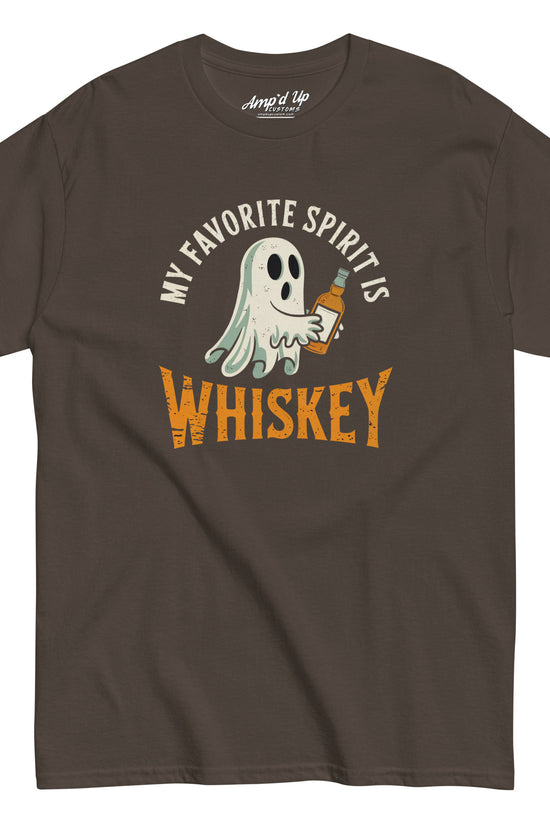 My Favorite Spirit Is Whiskey T-Shirt brown tee with cartoon ghost holding whiskey bottle vintage print