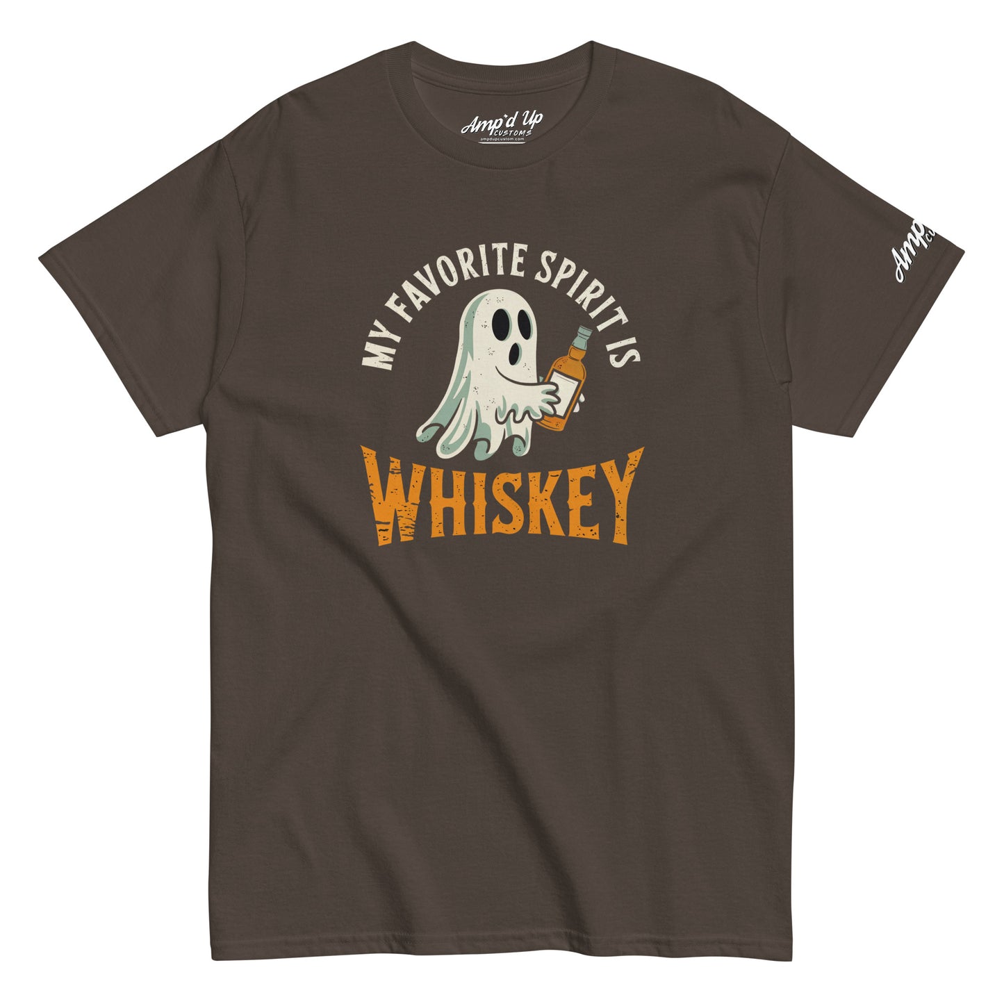 My Favorite Spirit Is Whiskey T-Shirt brown tee with cartoon ghost holding whiskey bottle vintage print