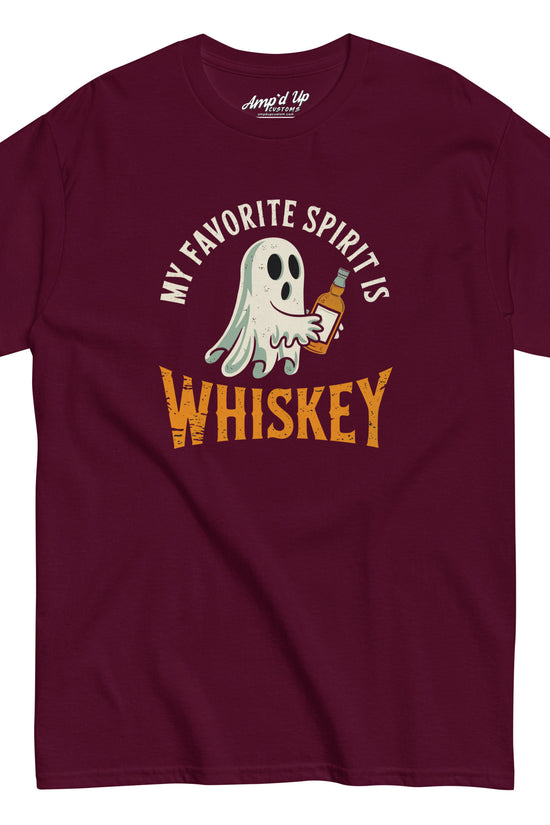 My Favorite Spirit Is Whiskey T-Shirt burgundy short sleeve with ghost holding a whiskey bottle