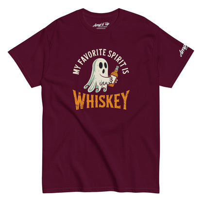 My Favorite Spirit Is Whiskey T-Shirt burgundy short sleeve with ghost holding a whiskey bottle