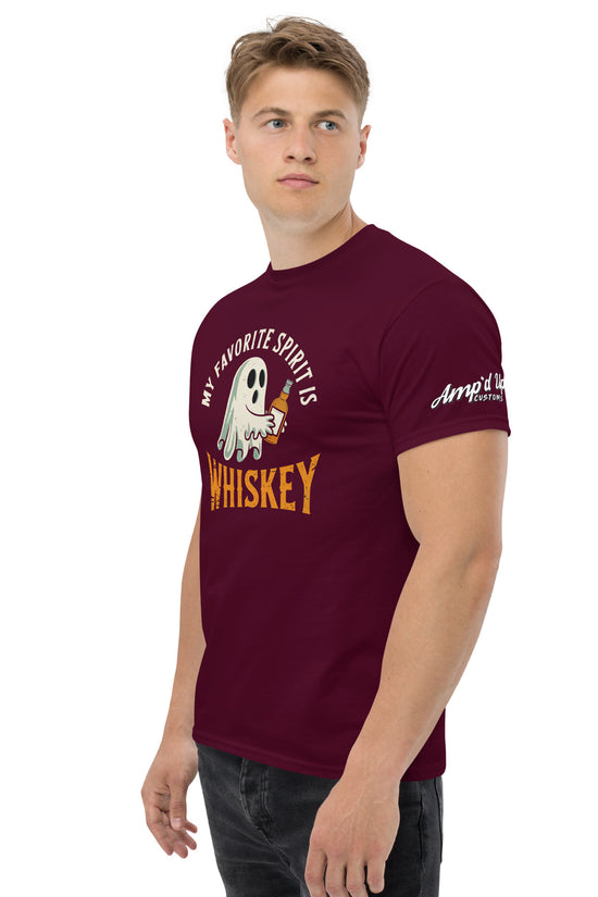 My Favorite Spirit Is Whiskey T-Shirt maroon crew neck tee with ghost drinking whiskey graphic on front