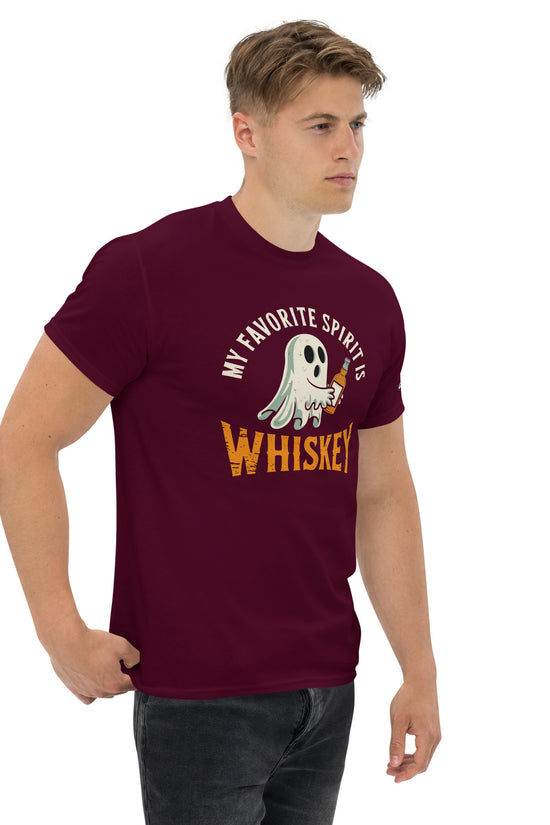 My Favorite Spirit Is Whiskey T-Shirt maroon crew neck by Ampd Up Custom with ghost holding whiskey glass