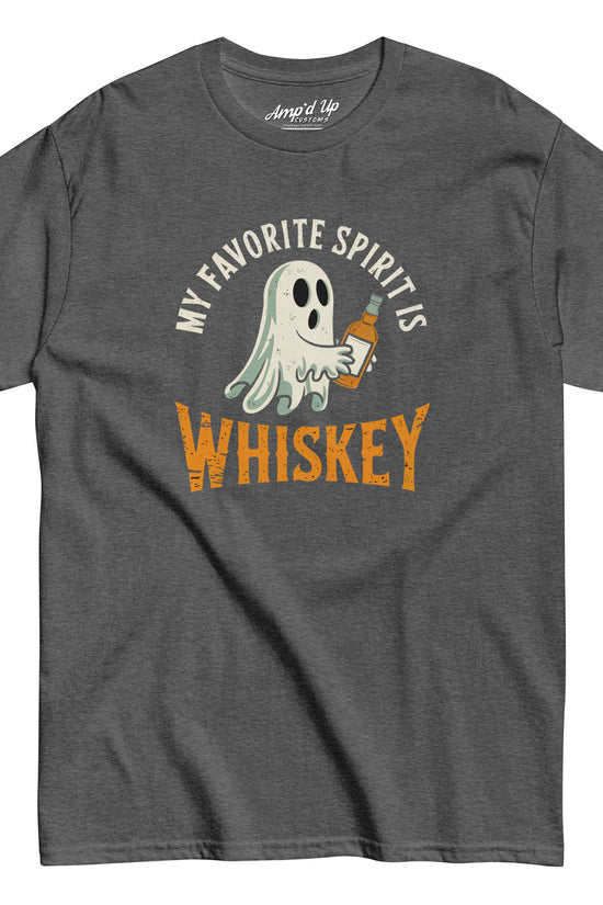 My Favorite Spirit Is Whiskey T-Shirt charcoal gray crewneck with cartoon ghost holding whiskey bottle front graphic