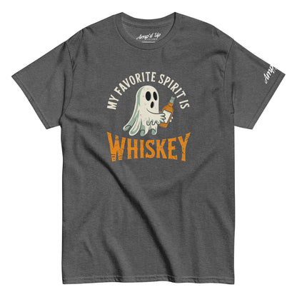My Favorite Spirit Is Whiskey T-Shirt charcoal gray crewneck with cartoon ghost holding whiskey bottle front graphic