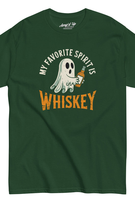 My Favorite Spirit Is Whiskey T-Shirt green crew neck tee with ghost holding whiskey bottle vintage distressed text