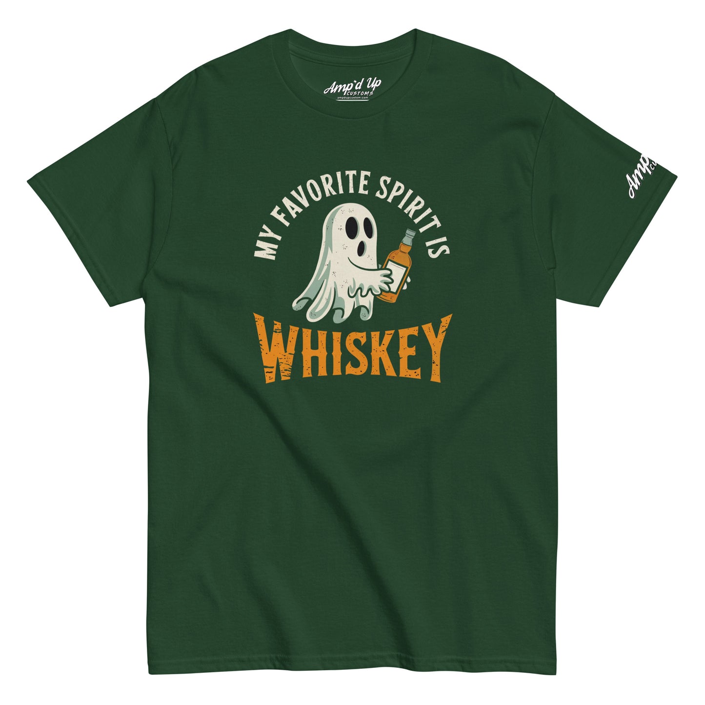 My Favorite Spirit Is Whiskey T-Shirt green crew neck tee with ghost holding whiskey bottle vintage distressed text
