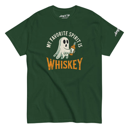 My Favorite Spirit Is Whiskey T-Shirt green crew neck tee with ghost holding whiskey bottle vintage distressed text