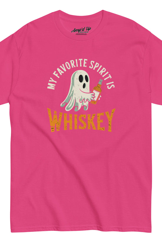 My Favorite Spirit Is Whiskey T-Shirt pink crew neck with ghost holding whiskey bottle on front