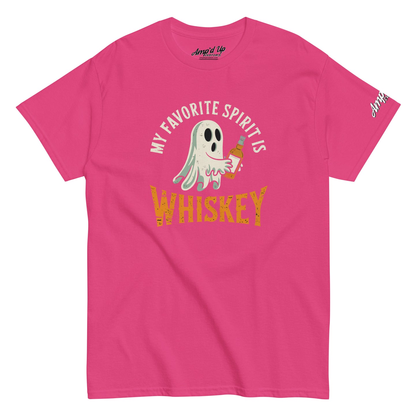 My Favorite Spirit Is Whiskey T-Shirt pink crew neck with ghost holding whiskey bottle on front