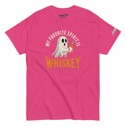 My Favorite Spirit Is Whiskey T-Shirt pink crew neck with ghost holding whiskey bottle on front