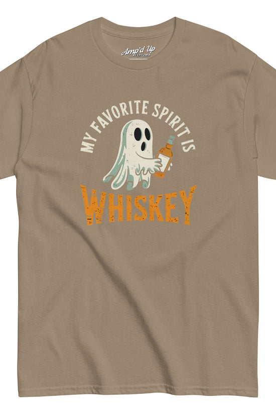 My Favorite Spirit Is Whiskey T-Shirt brown tee with ghost holding a whiskey bottle and distressed text