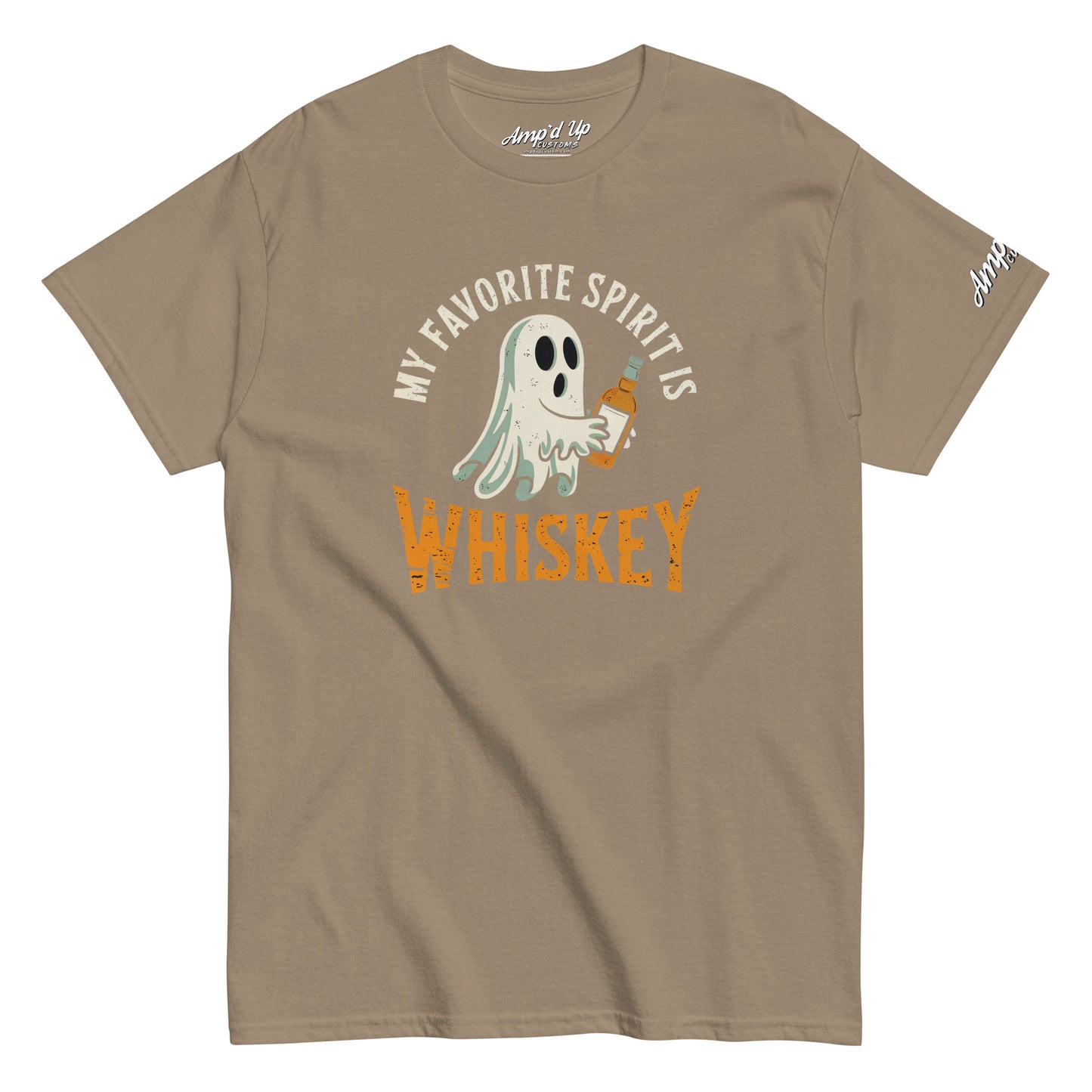My Favorite Spirit Is Whiskey T-Shirt brown tee with ghost holding a whiskey bottle and distressed text