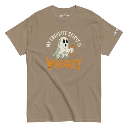 My Favorite Spirit Is Whiskey T-Shirt brown tee with ghost holding a whiskey bottle and distressed text