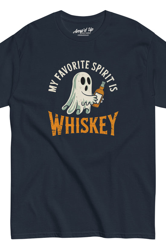 Navy crew neck T shirt with cartoon ghost holding whiskey bottle and My Favorite Spirit Is Whiskey T-Shirt design