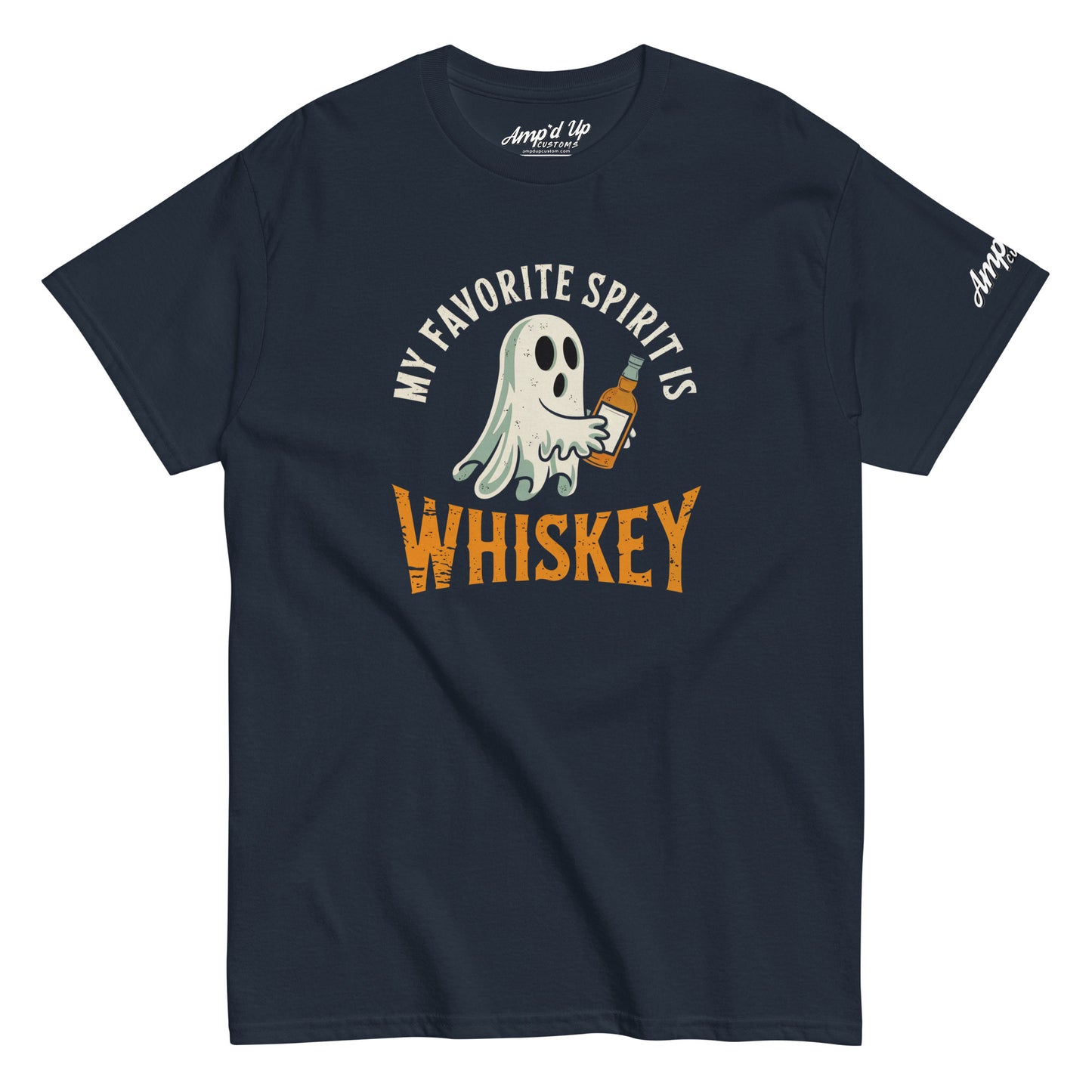 Navy crew neck T shirt with cartoon ghost holding whiskey bottle and My Favorite Spirit Is Whiskey T-Shirt design