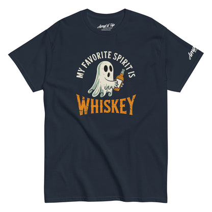 Navy crew neck T shirt with cartoon ghost holding whiskey bottle and My Favorite Spirit Is Whiskey T-Shirt design
