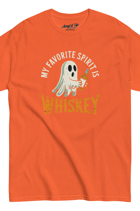 My Favorite Spirit Is Whiskey T-Shirt orange crew neck tee with ghost holding whiskey bottle and distressed WHISKEY text