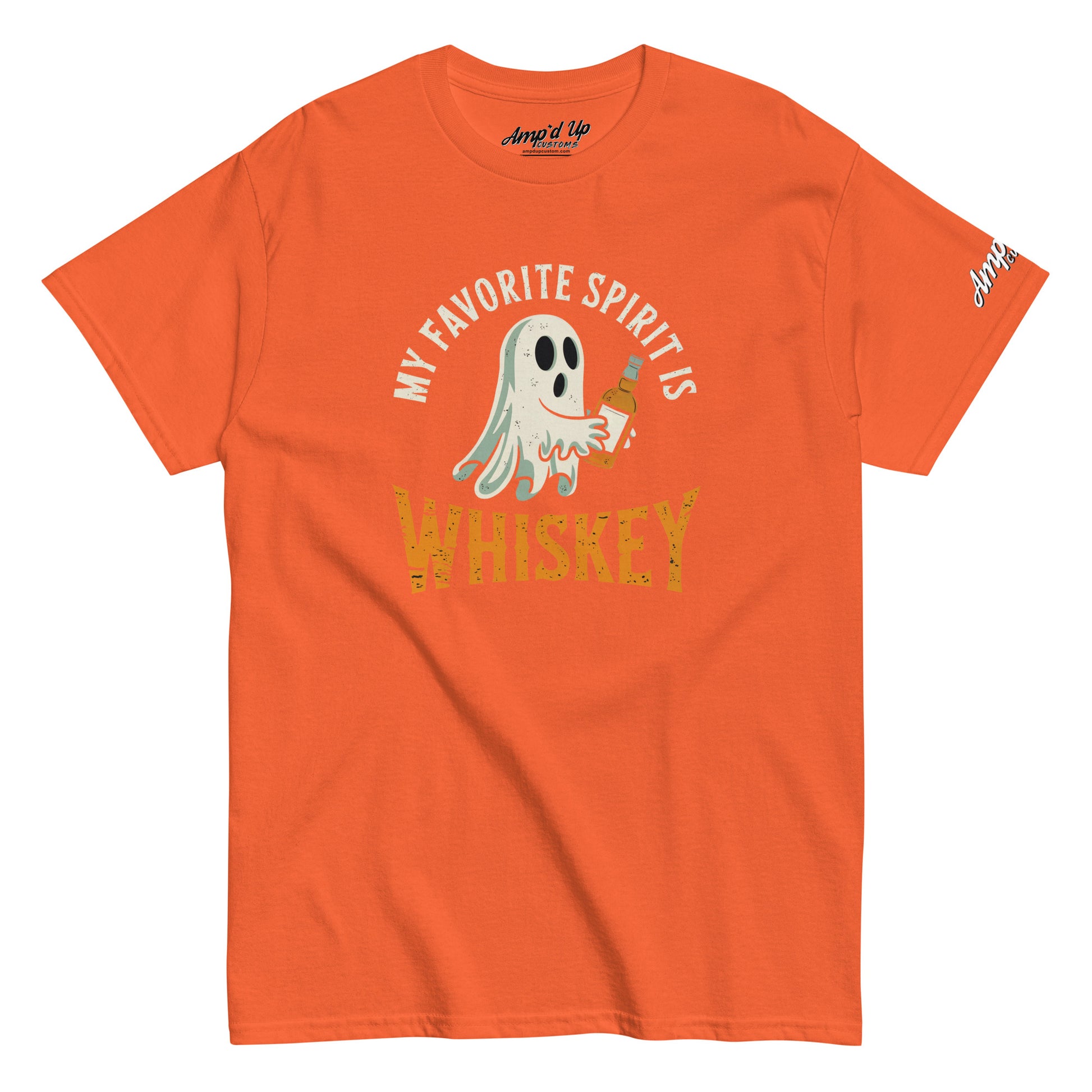 My Favorite Spirit Is Whiskey T-Shirt orange crew neck tee with ghost holding whiskey bottle and distressed WHISKEY text