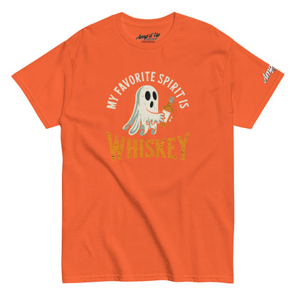 My Favorite Spirit Is Whiskey T-Shirt orange crew neck tee with ghost holding whiskey bottle and distressed WHISKEY text