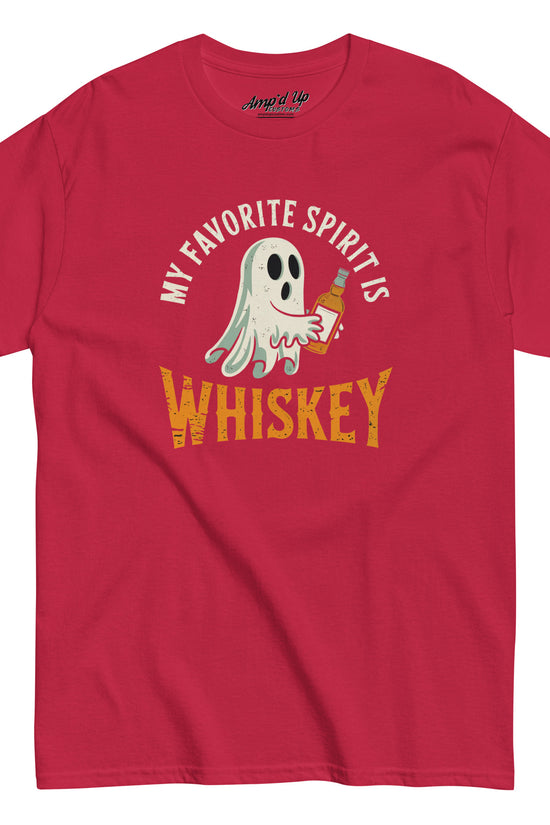 Red graphic T-shirt with ghost holding whiskey bottle and vintage text My Favorite Spirit Is Whiskey T-Shirt