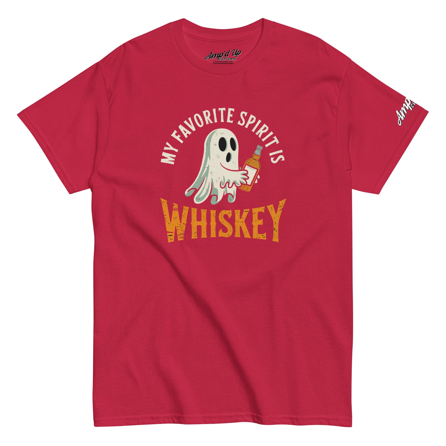 Red graphic T-shirt with ghost holding whiskey bottle and vintage text My Favorite Spirit Is Whiskey T-Shirt