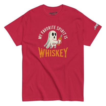 Red graphic T-shirt with ghost holding whiskey bottle and vintage text My Favorite Spirit Is Whiskey T-Shirt