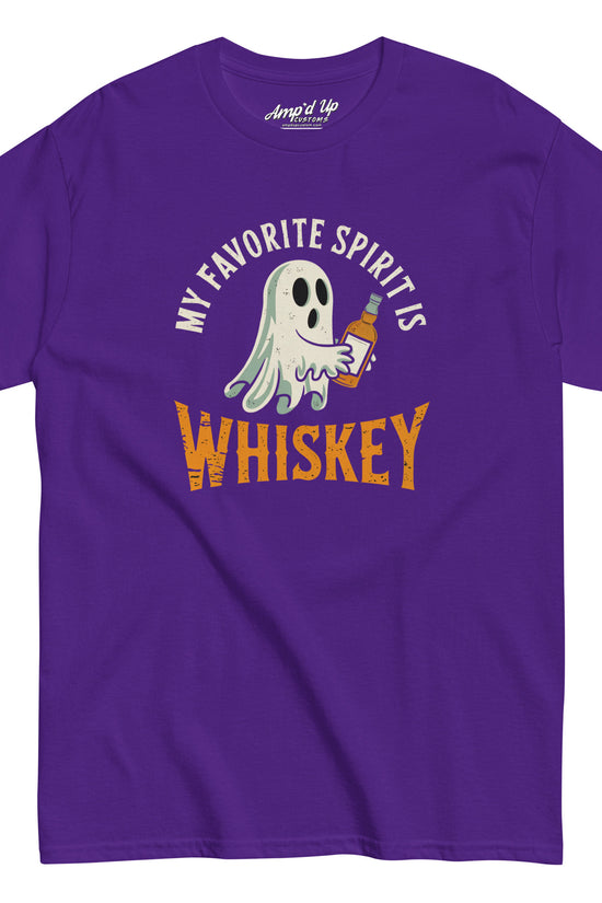 Ampd Up Custom purple cotton tee with ghost holding bottle and My Favorite Spirit Is Whiskey T-Shirt design