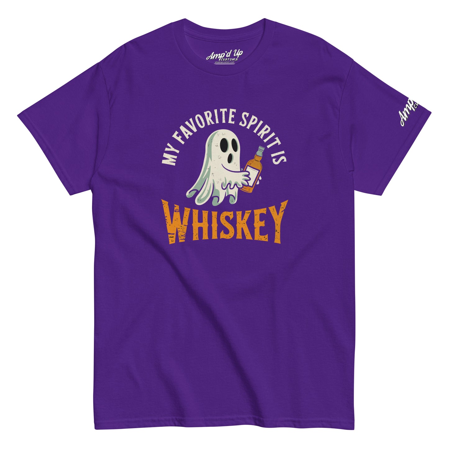 Ampd Up Custom purple cotton tee with ghost holding bottle and My Favorite Spirit Is Whiskey T-Shirt design