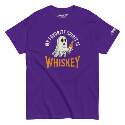 Ampd Up Custom purple cotton tee with ghost holding bottle and My Favorite Spirit Is Whiskey T-Shirt design