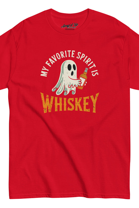 Ampd Up Custom red t shirt with ghost holding whiskey bottle and text My Favorite Spirit Is Whiskey T-Shirt retro style