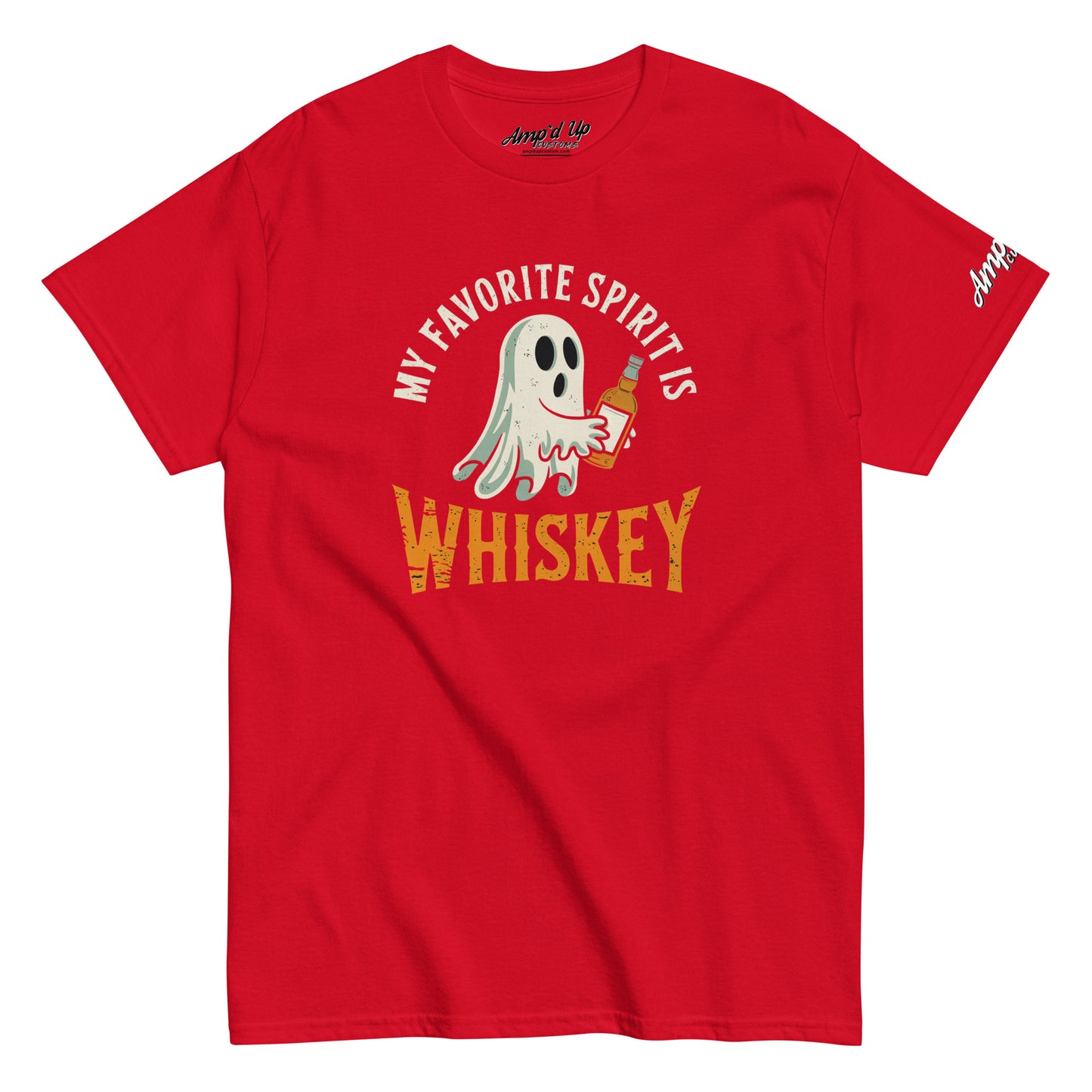 Ampd Up Custom red t shirt with ghost holding whiskey bottle and text My Favorite Spirit Is Whiskey T-Shirt retro style