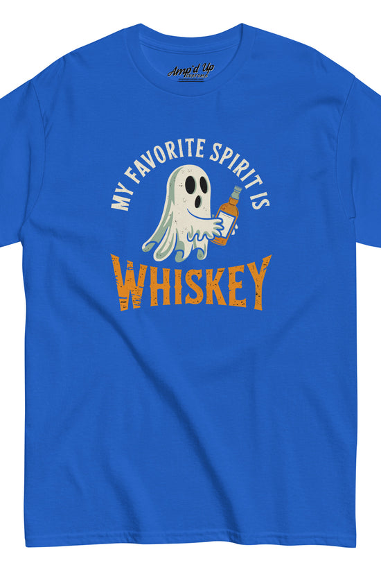 Ampd Up Custom blue T shirt with cartoon ghost holding a whiskey bottle and text My Favorite Spirit Is Whiskey T-Shirt