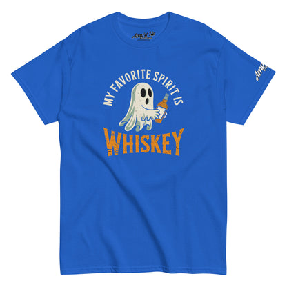 Ampd Up Custom blue T shirt with cartoon ghost holding a whiskey bottle and text My Favorite Spirit Is Whiskey T-Shirt