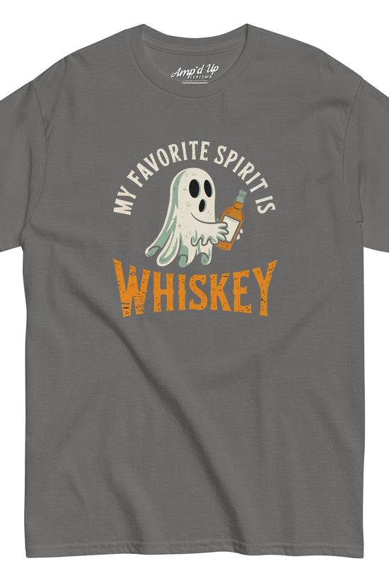 Gray short sleeve t shirt with ghost holding whiskey bottle and My Favorite Spirit Is Whiskey T-Shirt graphic