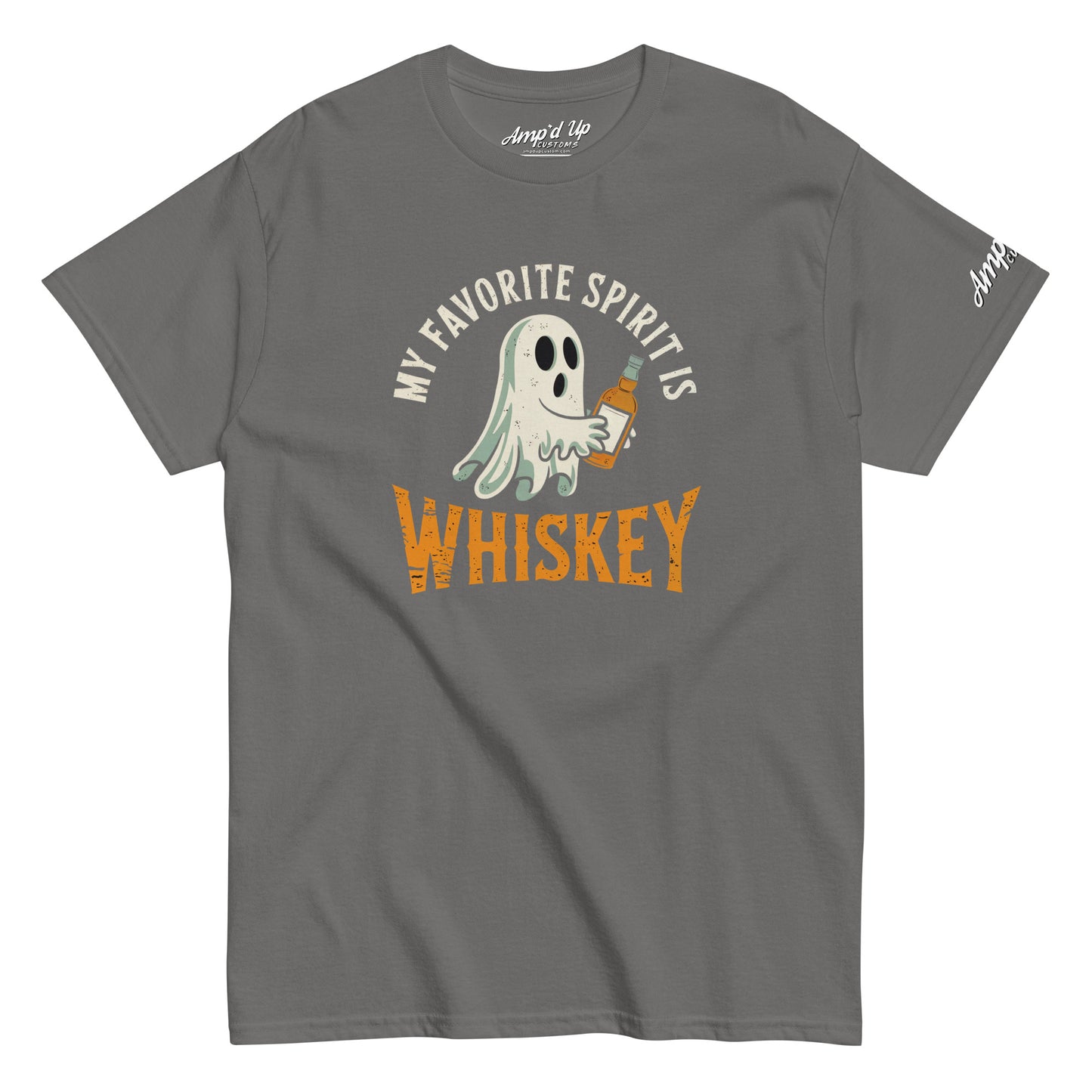 Gray short sleeve t shirt with ghost holding whiskey bottle and My Favorite Spirit Is Whiskey T-Shirt graphic