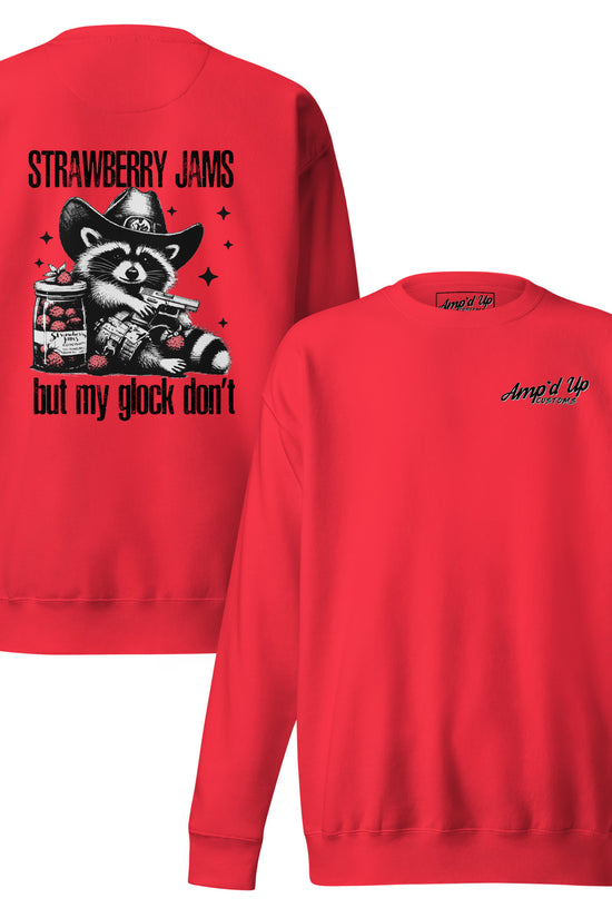 Red Amp'd Up Custom sweatshirt featuring a back illustration of Strawberry Jams, But My Glock Don't design