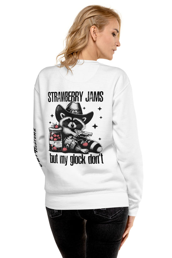 Back view of Amp'd Up Custom Strawberry Jams, But My Glock Don't Sweatshirt featuring a playful raccoon design