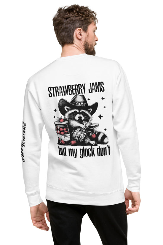 White Amp'd Up Custom Sweatshirt featuring 'Strawberry Jams, But My Glock Don't' back illustration with a raccoon graphic
